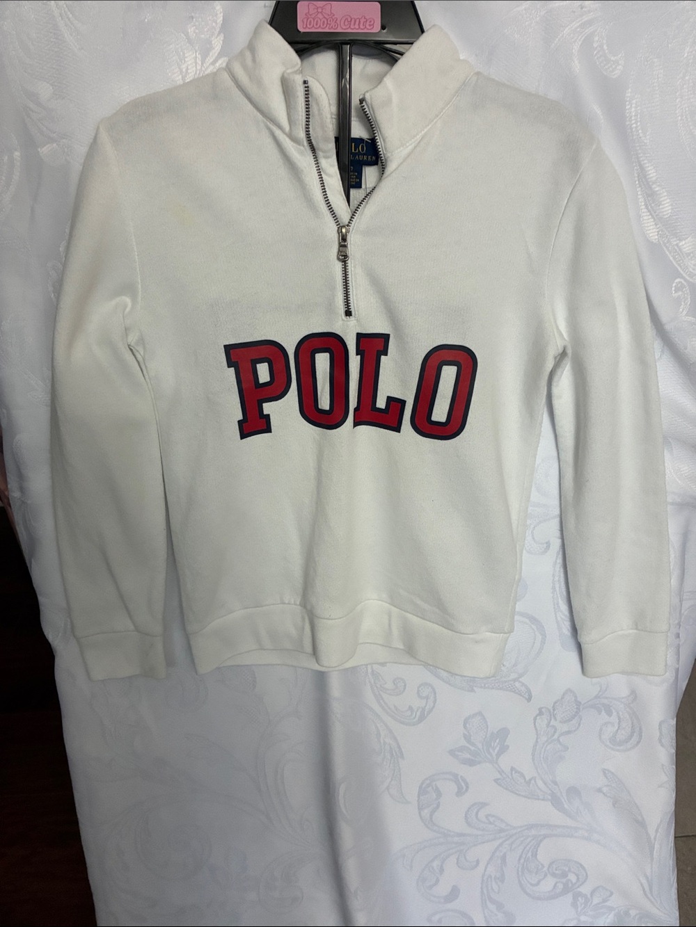 Boys Polo by Ralph Lauren Cream Quarter-Zip Sweater with Red Logo